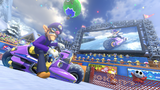Waluigi, at the end of the track, stopped in front of a Jumbotron (like in Waluigi Stadium)