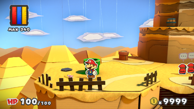Mario near the Holo-Peach PR-M4 in Mustard Café of Paper Mario: Color Splash.