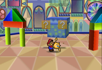 Image of Mario revealing several hidden ? Blocks in Shy Guy's Toy Box, in Paper Mario.