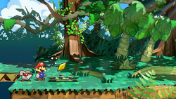 Mario getting the Star Piece from the first clump of grass after the inn and the shop in Keelhaul Key in the remake of the Paper Mario: The Thousand-Year Door for the Nintendo Switch.