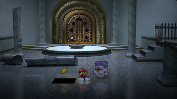 Mario getting the Star Piece in front of The Thousand-Year Door in the remake of the Paper Mario: The Thousand-Year Door for the Nintendo Switch.