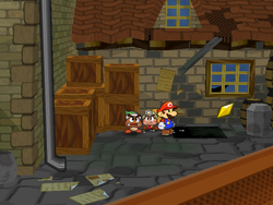 Mario getting the Star Piece under a hidden panel behind the alley in Rogueport Square in Paper Mario: The Thousand-Year Door.