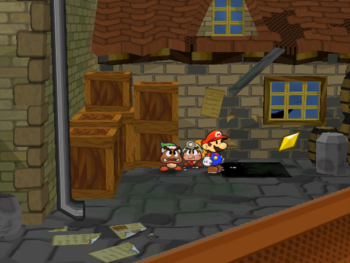 Mario getting the Star Piece under a hidden panel behind the alley in Rogueport Square in Paper Mario: The Thousand-Year Door.
