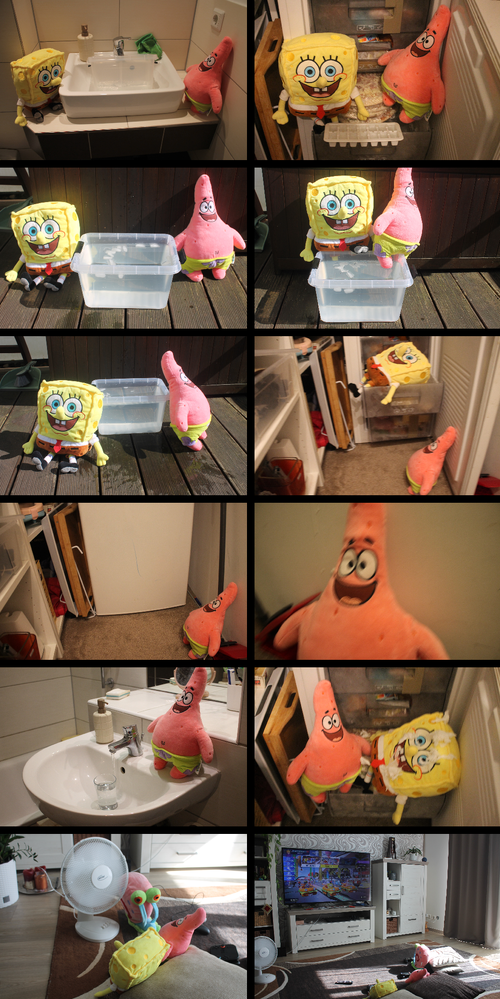 Twelve photographs are shown in a left-to-right format. In the first panel, Spongebob and Patrick are shown at a sink, watching a tub of water fill up from the tap. In the next panel, Spongebob and Patrick are removing an ice cube tray out of a freezer. In the third panel, they place the ice cubes into the tub of water to make it cold. In the fourth, they are then shown standing on the rim of the tub of water, as if they are about to get in. The next panel shows a large puddle of water on the ground in front of the tub, and Spongebob and Patrick are in front of the tub, as if they have just gotten out of the water. In the sixth, Patrick is shown placing Spongebob into the freezer where the ice cube tray had previously been. In the seventh, Patrick shuts the freezer door and is shown waiting in the eighth panel. In the ninth panel, Patrick returns to the sink to fill up a glass of water. In the tenth, he is then shown retrieving Spongebob from the freezer. Spongebob is covered in frost and ice crystals. In the eleventh, the two sit in front of a fan, where Gary comes over to join them. Finally, in the last panel, Spongebob, Patrick and Gary settle down with their controllers to play game on the Switch 2 on a TV.