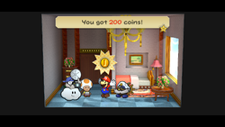 Mario getting 200 Coins from the hotel receptionist in Poshley Heights of Paper Mario: The Thousand-Year Door for Nintendo Switch.