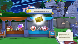 Mario being given the Gold Membership Card by item shop shopkeeper in Shangri-Spa of The Origami King.