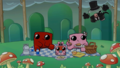 Meat Boy and Bandage Girl, representing Mario, while Nugget and Dr. Fetus represent Princess Peach and Bowser respectively.