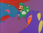 The evil dinosaur and its blue friend, preparing to eat Luigi and Yoshi.