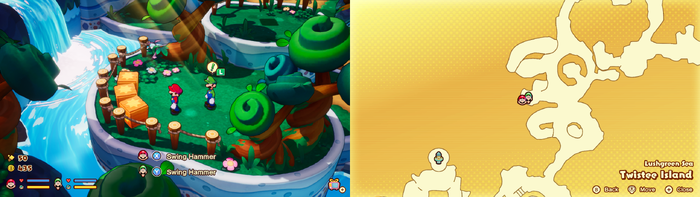 Mario and Luigi near wooden crates containing a Five Coin on Twistee Island of Mario & Luigi: Brothership.