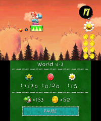 Smiley Flower 2: At the end of the area of green and red spin-lifts where Light Blue Yoshi can access after defeating a Piranha Plant residing in a top Warp Pipe.