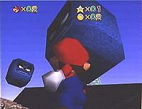 Prerelease screenshot of Thwomps on Whomp's Fortress from Super Mario 64.