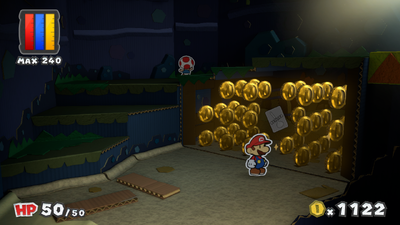 Mario near 43 Coins and a Thing Replica Battle Card in Bloo Bay Beach of Paper Mario: Color Splash.