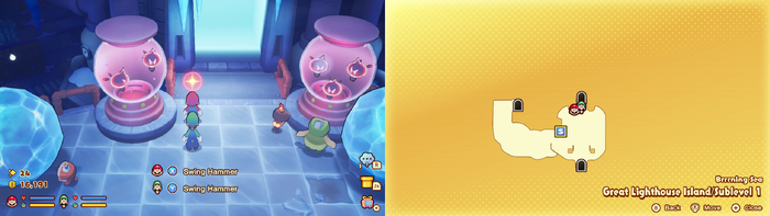 Mario and Luigi near the Patriarc's Note 3 on Great Lighthouse Island of Brrrning Sea of Mario & Luigi: Brothership.