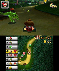 Donkey Kong driving past a Frogoon in the DK Jungle course of Mario Kart 7