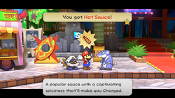 Mario getting a Hot Sauce from the businessman in Glitzville of Paper Mario: The Thousand-Year Door for Nintendo Switch.