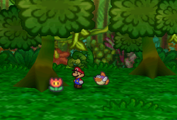 Mario finding Fire Flower in Jade Jungle of Paper Mario.