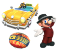Promotional render of the Yellow Taxi alongside Mario (Musician) and the Bullet Bill Parachute