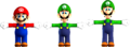 Size comparison between the models of Mario (left), Luigi as a playable character (center), and Luigi as an NPC (right)