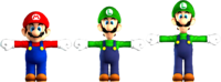 Rendered models of Mario (left), Luigi as a playable character (center), and Luigi as an NPC (right) from Super Mario Galaxy.