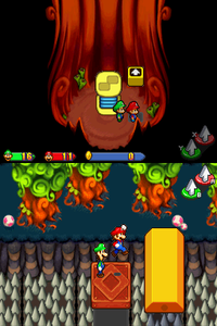 Baby Mario and Baby Luigi using a Control Block in Toadwood Forest