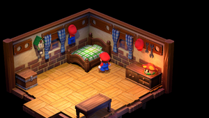 Mario finding Dry Bones Flag under his bed in Mario's Pad of Super Mario RPG.