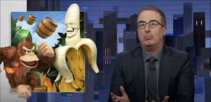 Donkey Kong fights Melbourne's Fallen Fruit statue in the July 24th, 2022 episode of Last Week Tonight with John Oliver