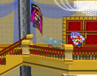 Flurrie blowing away posters in the Glitz Pit during Chapter 3 of Paper Mario: The Thousand-Year Door