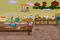 Princess Peach finding Milk in the kitchen of her castle of Paper Mario.