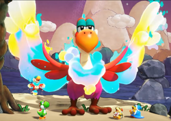 Yoshi, Bowser Jr., Kamek, a Bewilder Bird, and its child from Yoshi and the Mysterious Book.