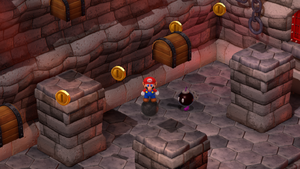 Mario finding last 4 10-Coins in the iron ball action course of Bowser's Keep of Super Mario RPG.