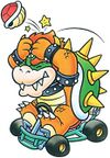 Artwork of Bowser, with a Red Shell bonking him on the head, for Super Mario Kart
