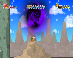 Bowser finding the first Ultra Shroom Shake in Gap of Crag of Super Paper Mario.