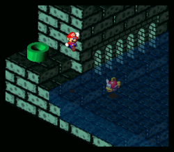 Mario jumping into the water in Kero Sewers.
