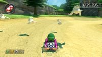 Little birds flying away from Baby Luigi in Hyrule Circuit in Mario Kart 8.