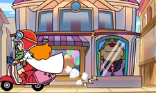 Mona driving her scooter from Joe's Clothes in a hurry to get to her party WarioWare Gold