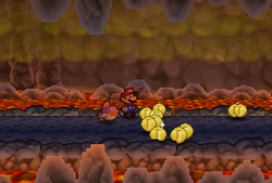 Mario finding 10 Coins after jumping over fifth firebar in Mt. Lavalava of Paper Mario.