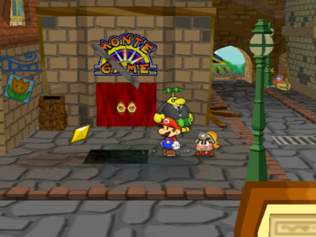 Mario getting the Star Piece under a hidden panel in front of the door to Pianta Parlor in Rogueport's west area in Paper Mario: The Thousand-Year Door.