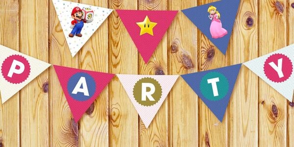 Presentation graphic for a printable Super Mario Party pennant banner