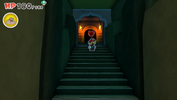 Mario standing near a Healing Heart in Sea Tower of The Origami King.