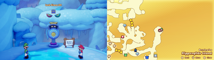 Mario and Luigi being given a Luck Charm DX accessory by the Concordia Hammer-Rally machine on Slippenglide Island of Mario & Luigi: Brothership.