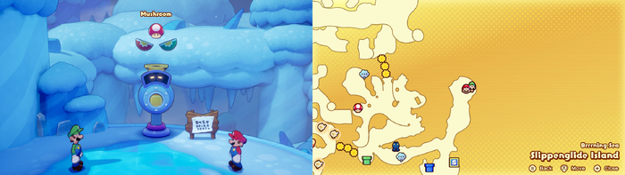 Mario and Luigi being given a Mushroom by the Concordia Hammer-Rally machine on Slippenglide Island of Mario & Luigi: Brothership.