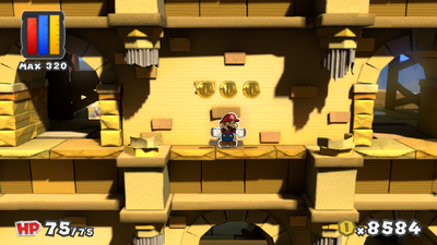 Mario near 3 Coins in The Golden Coliseum of Paper Mario: Color Splash.