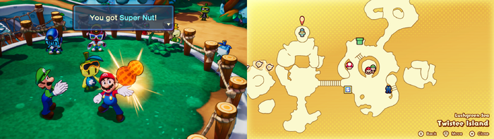 Mario being given a Super Nut by Maykit on Twistee Island of Mario & Luigi: Brothership.
