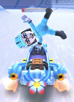 The Light Blue Mii Racing Suit performing a trick.