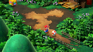 Toad giving Mario 4 Mushrooms in the Mario's Pad of Super Mario RPG.