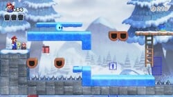 Screenshot of Slippery Summit Plus level 6-6+ from the Nintendo Switch version of Mario vs. Donkey Kong