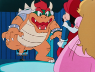 Bowser emerging from Mario's television set in Super Mario Bros.: Peach-hime Kyūshutsu Dai Sakusen!