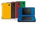 A Nintendo DSi XL in five colors