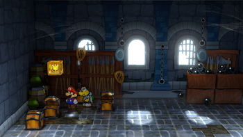 Mario getting the Shine Sprite in the storeroom of Hooktail Castle in the remake of the Paper Mario: The Thousand-Year Door for the Nintendo Switch.