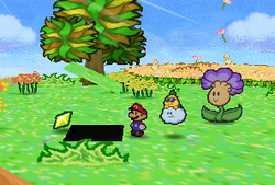 Mario finding a Star Piece under a hidden panel in the Petunia scene in Flower Fields in Paper Mario
